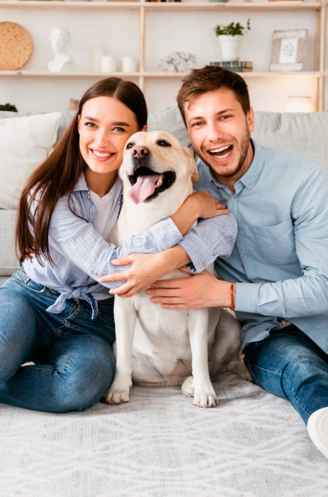 pareja-con-perro-blanco-felices-en-sofá-en-apartamento-moderno